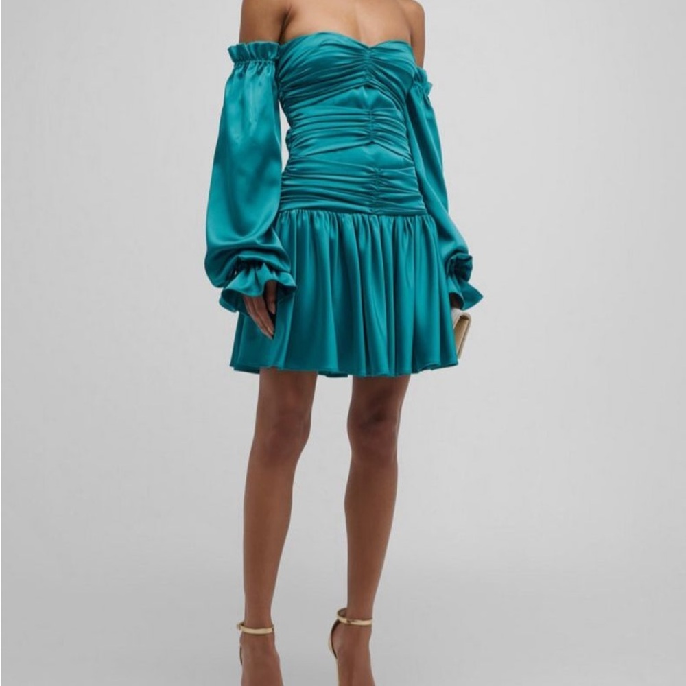 Neiman Marcus Gigii’s Womens Blue Ruched Ruffled Off-Shoulder Selina dress NWT